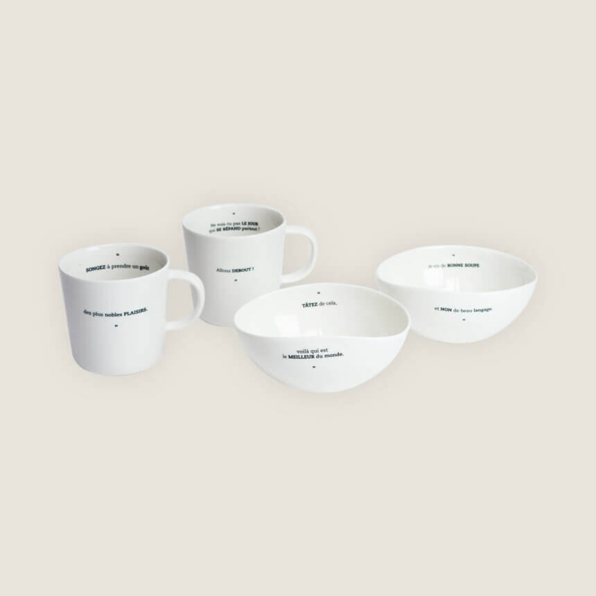 Porcelaine Faite main en France Artisanat Création Francaise Sophie Masson Comedie Francaise Citation de theatre Ensemble vaisselle