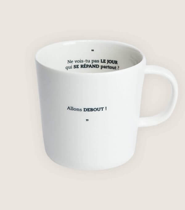 Porcelaine Faite main en France Artisanat Création Francaise Sophie Masson Comedie Francaise Citation de theatre mug tasse Ne vois-tu pas le jour qui se répand partout moliere
