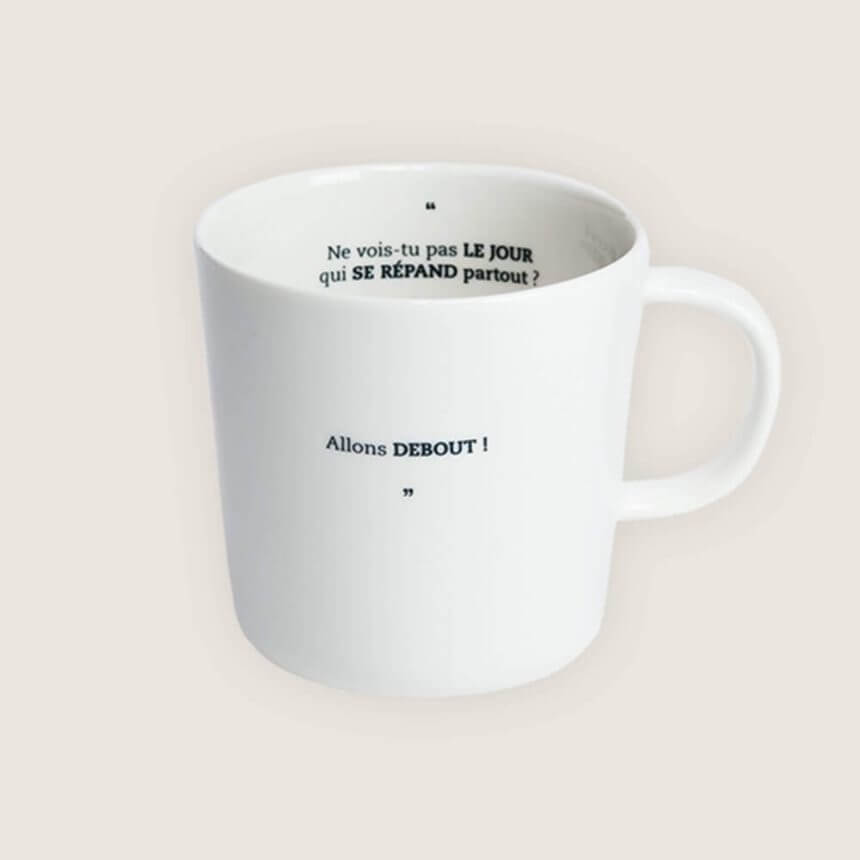 Porcelaine Faite main en France Artisanat Création Francaise Sophie Masson Comedie Francaise Citation de theatre mug tasse Ne vois-tu pas le jour qui se répand partout moliere