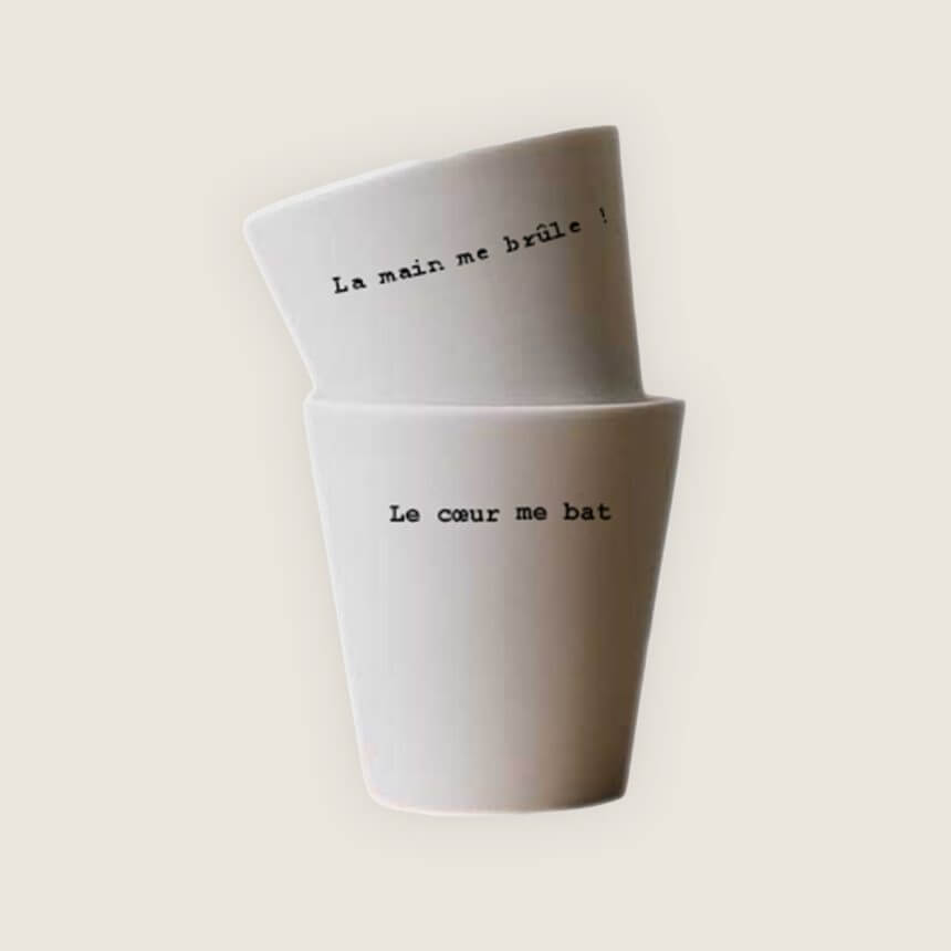 Porcelaine Faite main en France Artisanat Création Francaise Sophie Masson Comedie Francaise Citation de theatre Tasse expresso Duo la main me brule le coeur me bat